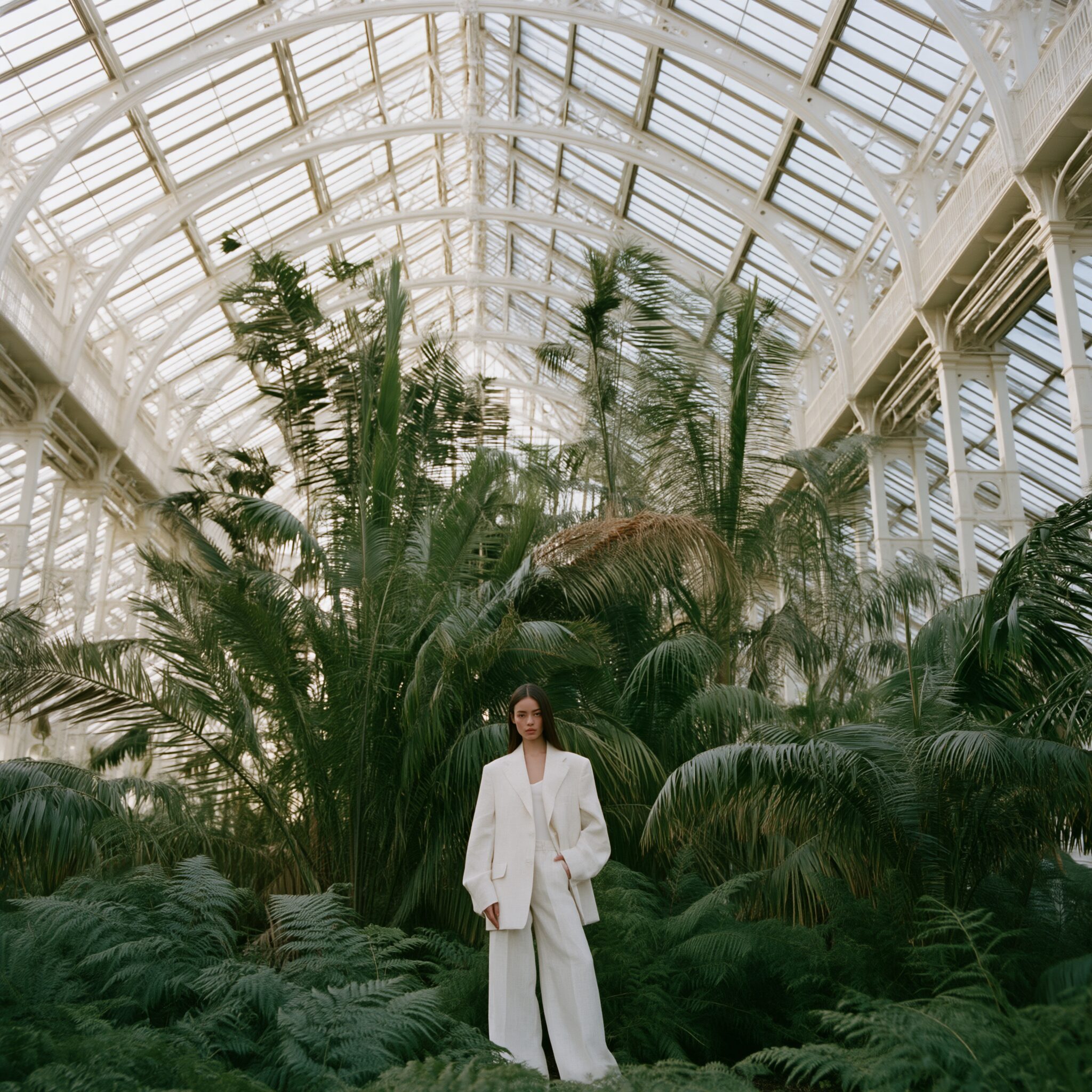 Model in an ivory linen suit standing small among towering palms beneath a curved glass roof