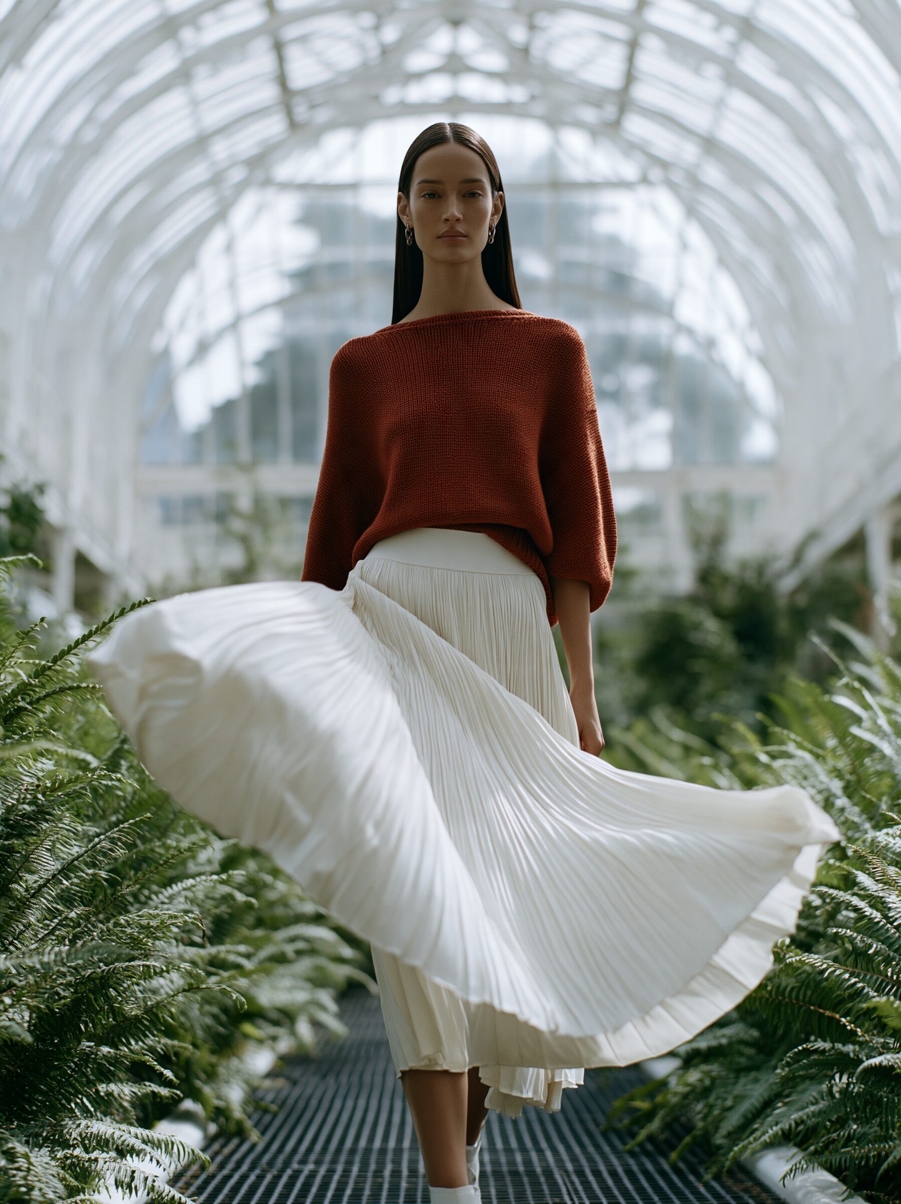 Model walking toward the camera down a fern-lined central aisle