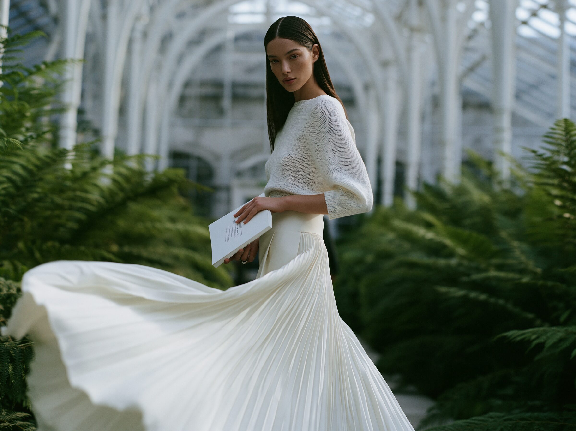 Model walking toward the camera down a fern-lined central aisle