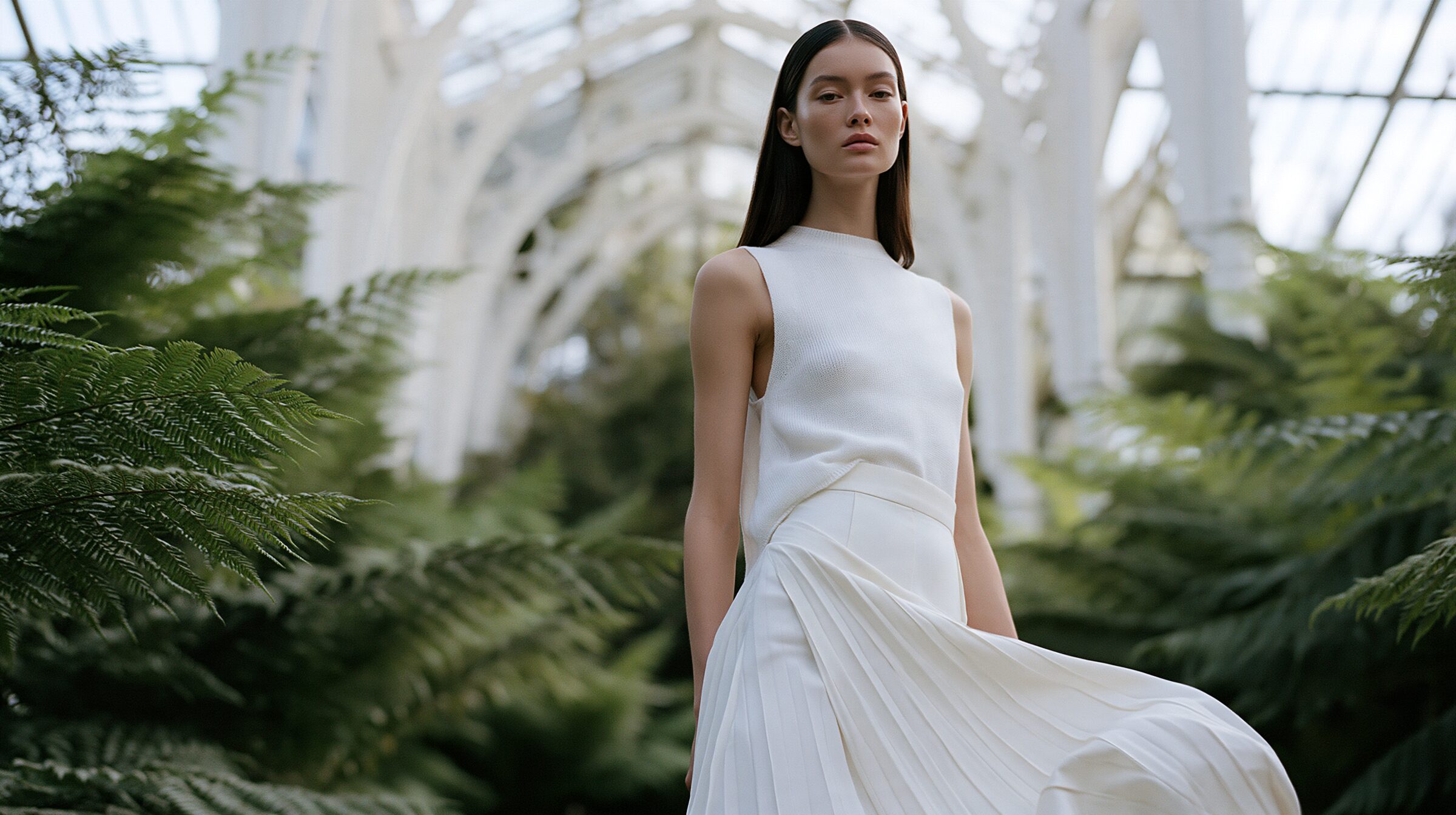 Model walking toward the camera down a fern-lined central aisle