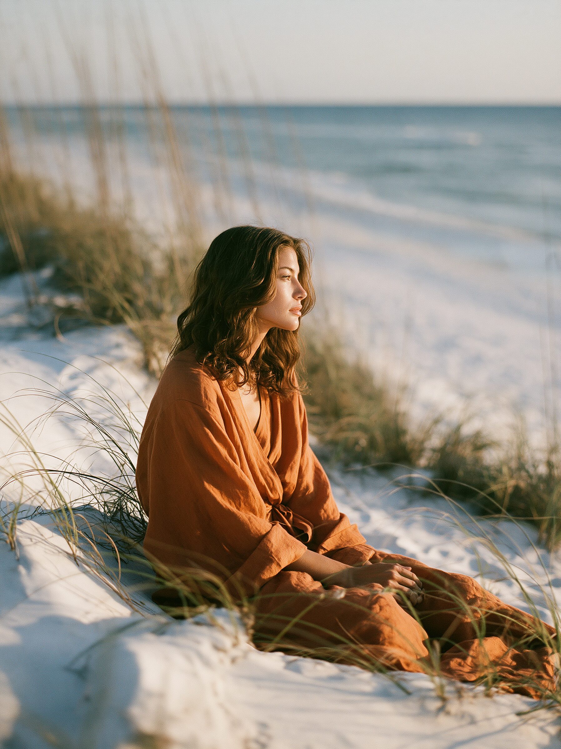 Model sitting among windswept sand dunes and sea grass