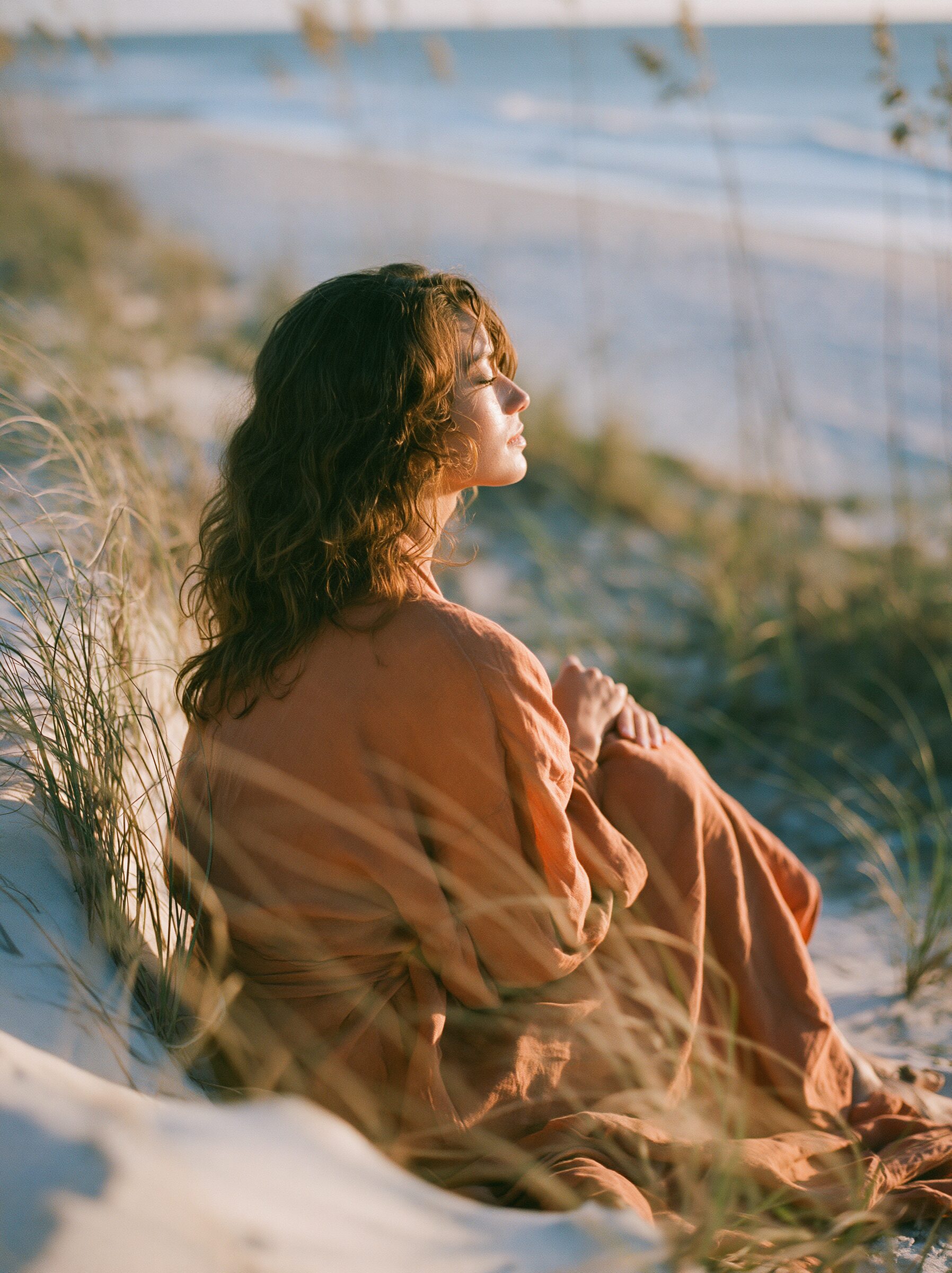 Model sitting among windswept sand dunes and sea grass