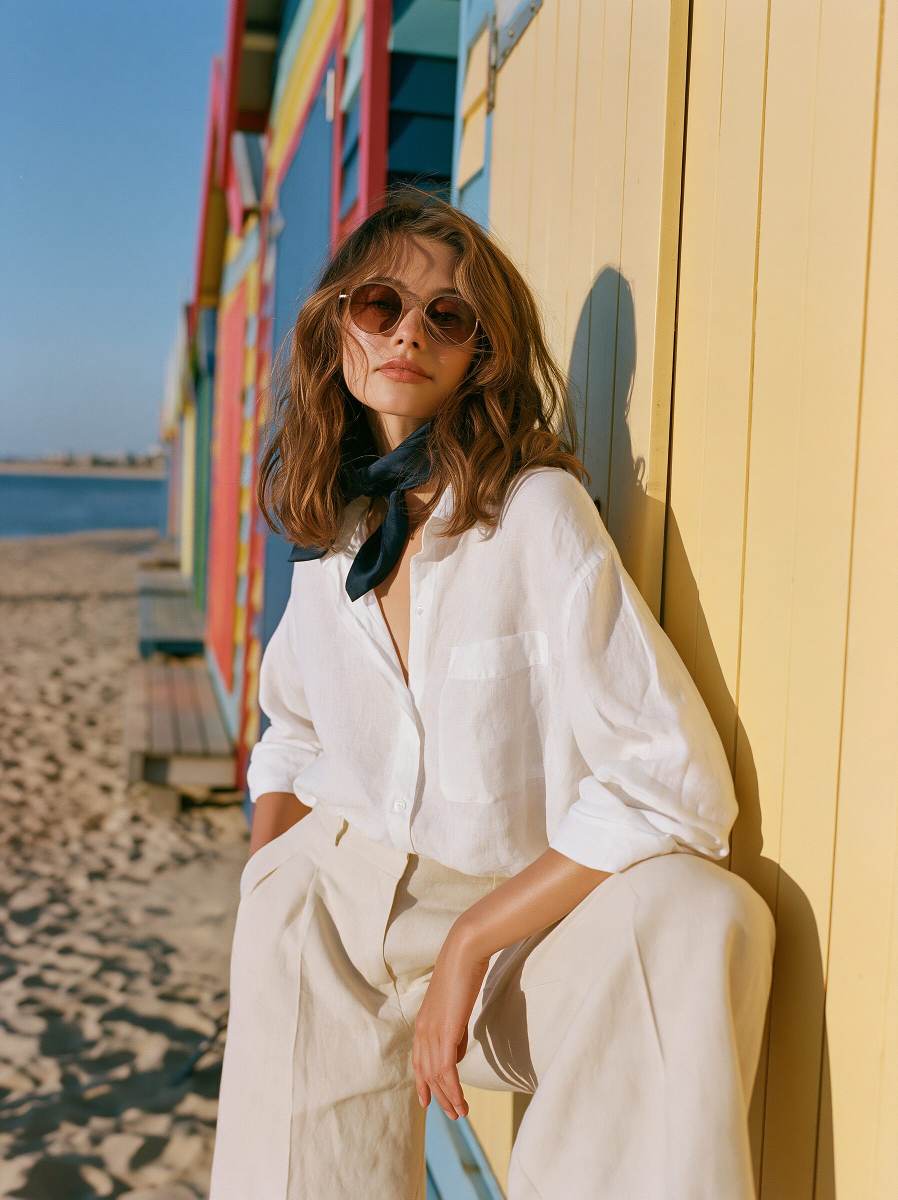 Model leaning against a brightly painted Brighton Beach bathing box