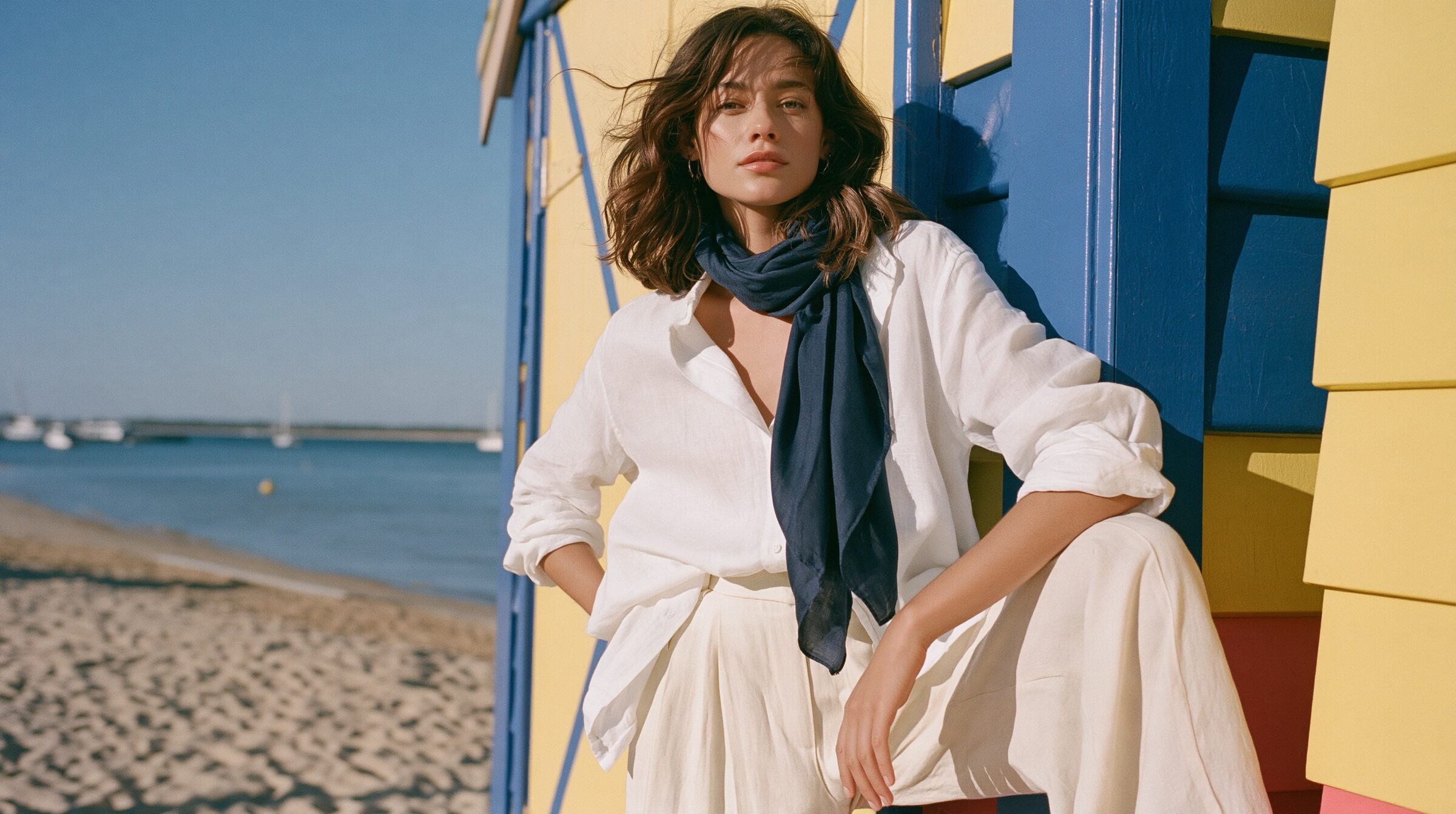 Model leaning against a brightly painted Brighton Beach bathing box