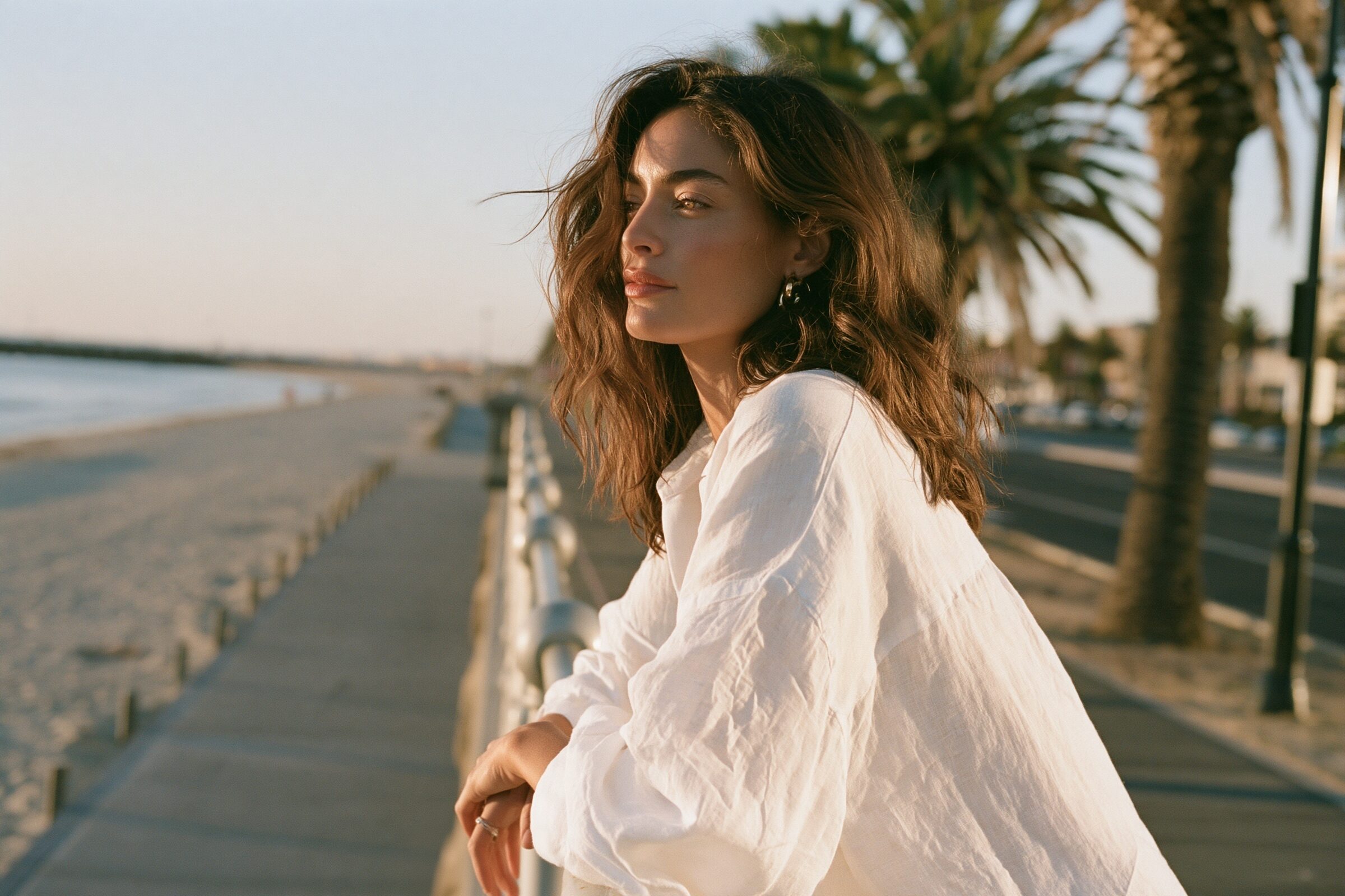 Model leaning on a railing along the palm-lined esplanade overlooking the beach and calm Port Phillip Bay