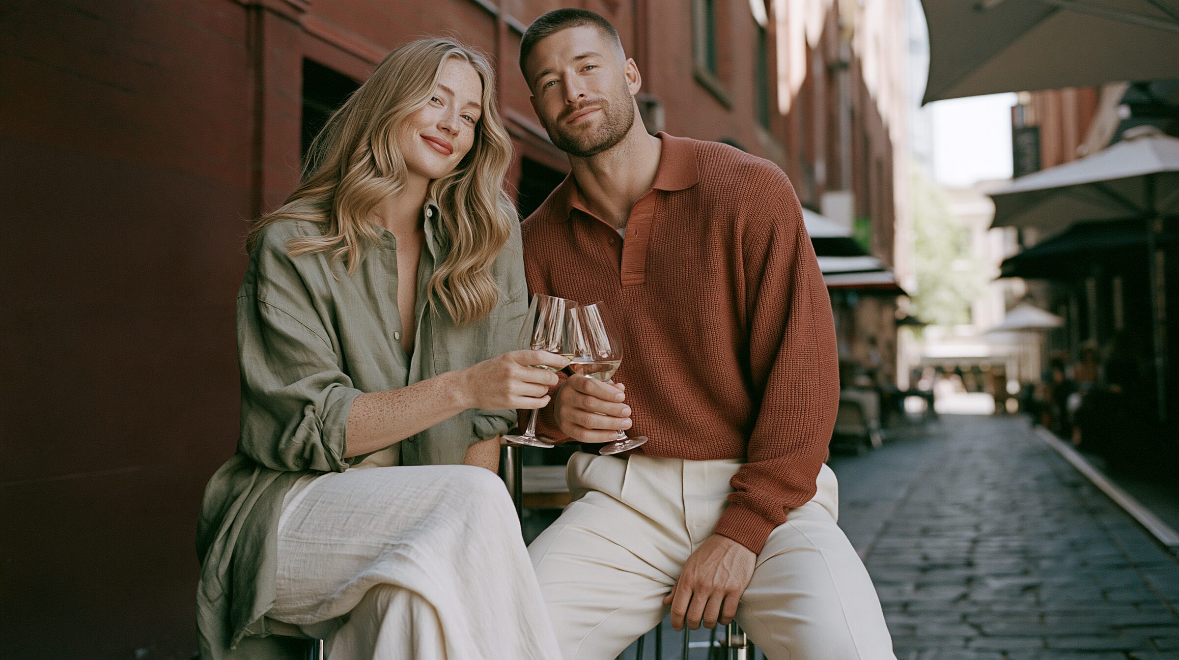Couple clinking wine glasses at an outdoor table on the cobblestones of Hardware Lane