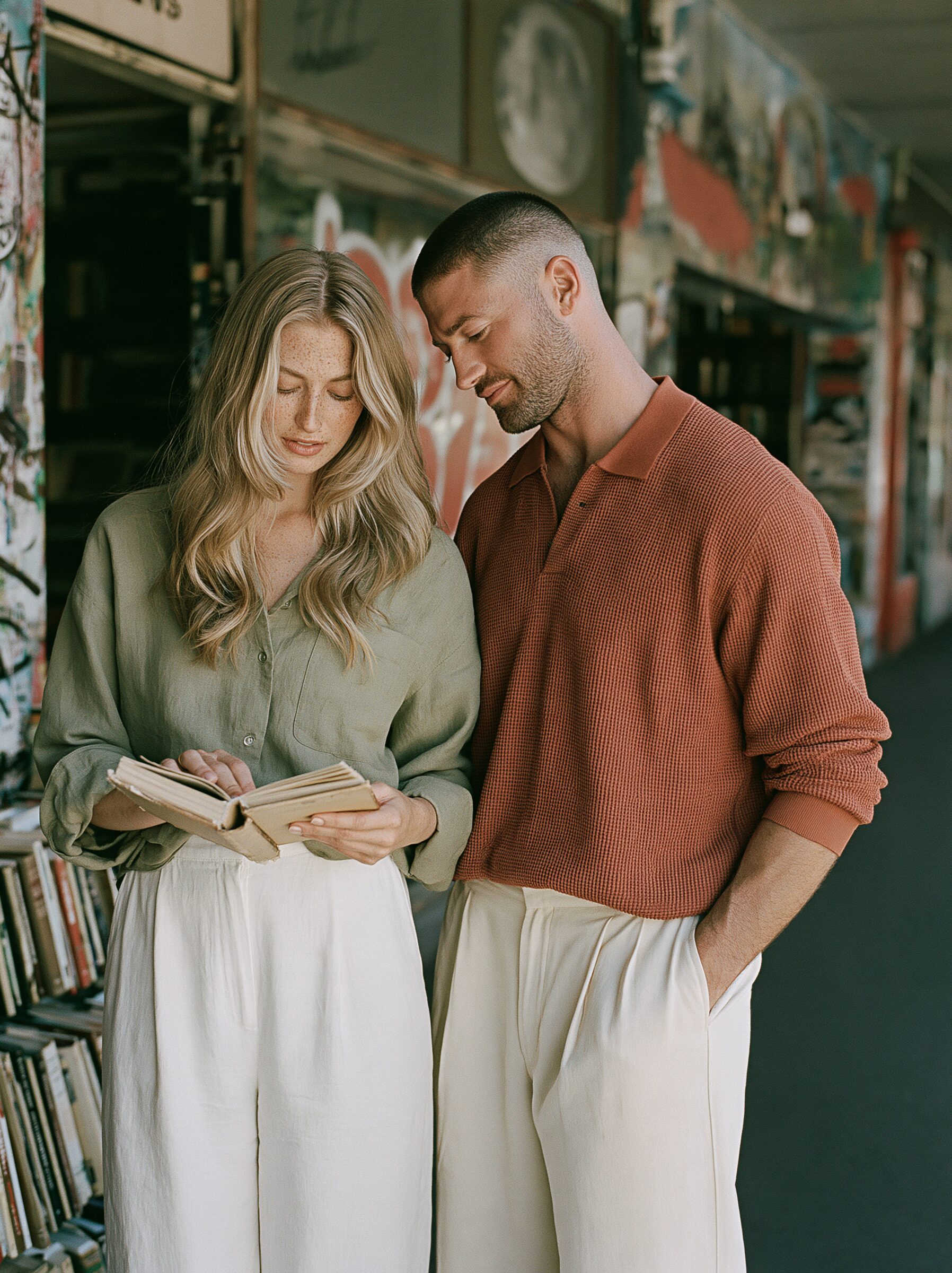 Couple browsing outside a vintage bookshop on Brunswick Street in Fitzroy