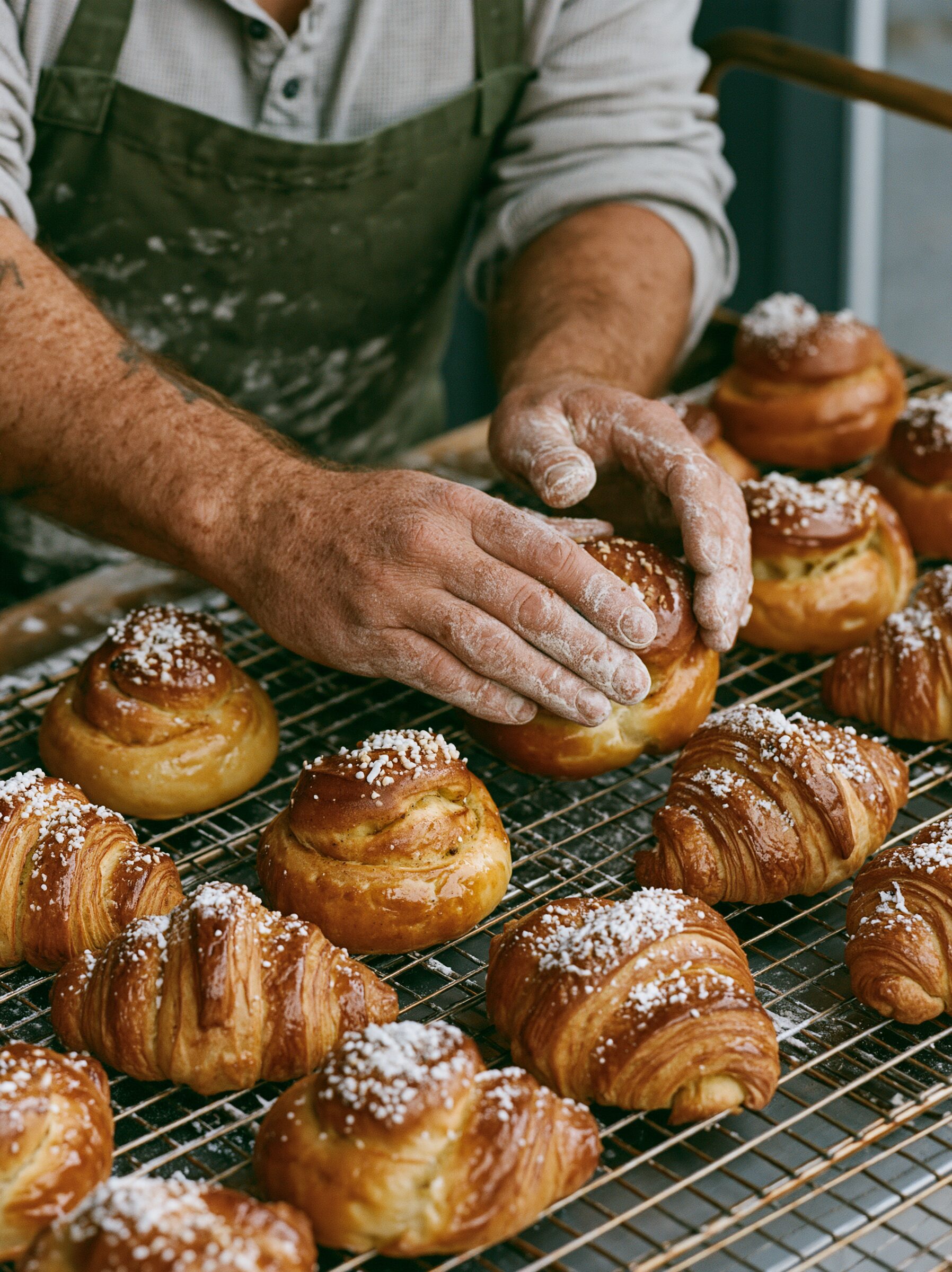 A baker's floury hands placing cardamom buns and croissants on a cooling rack