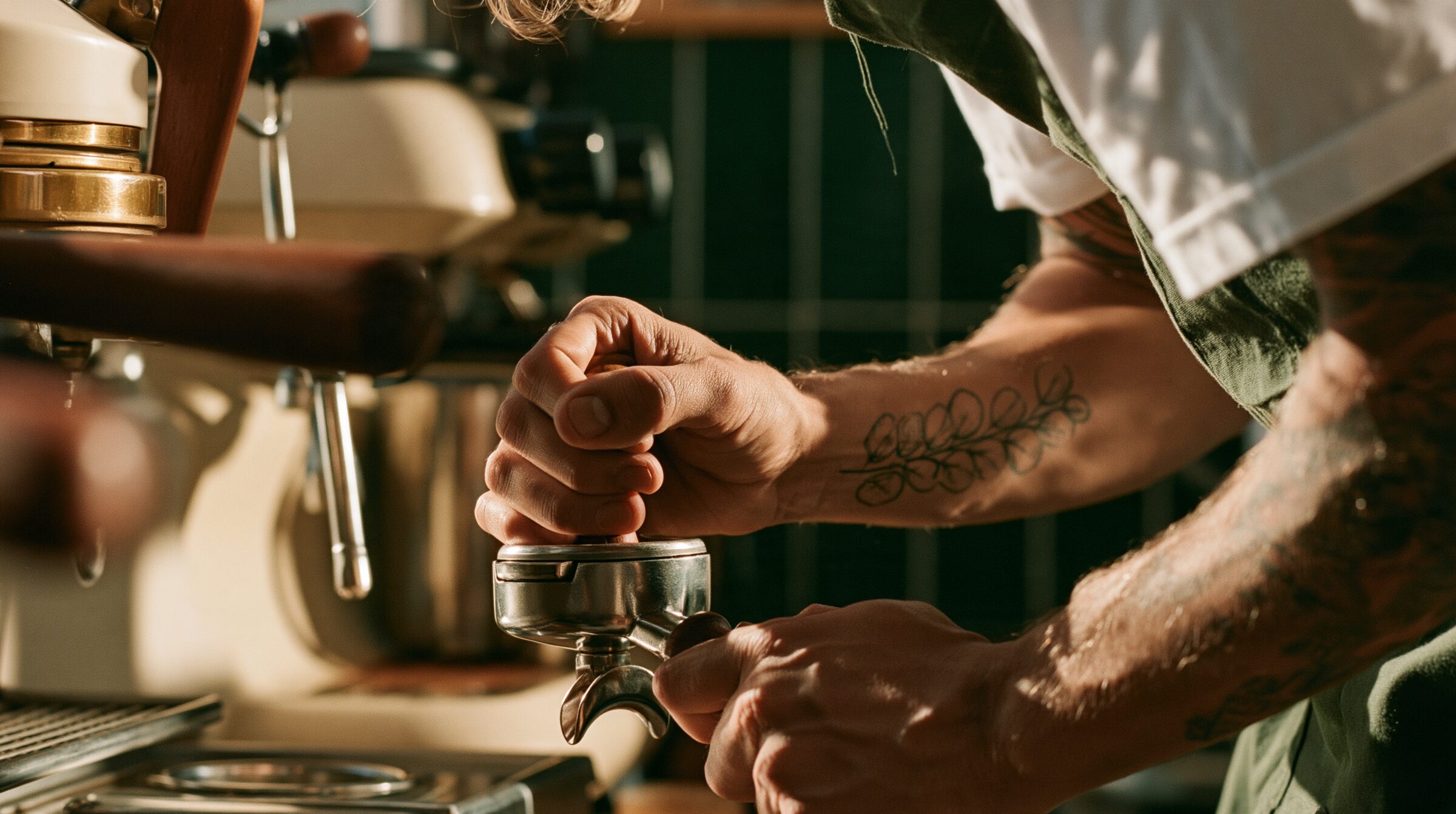 A barista's hands tamping espresso into a portafilter