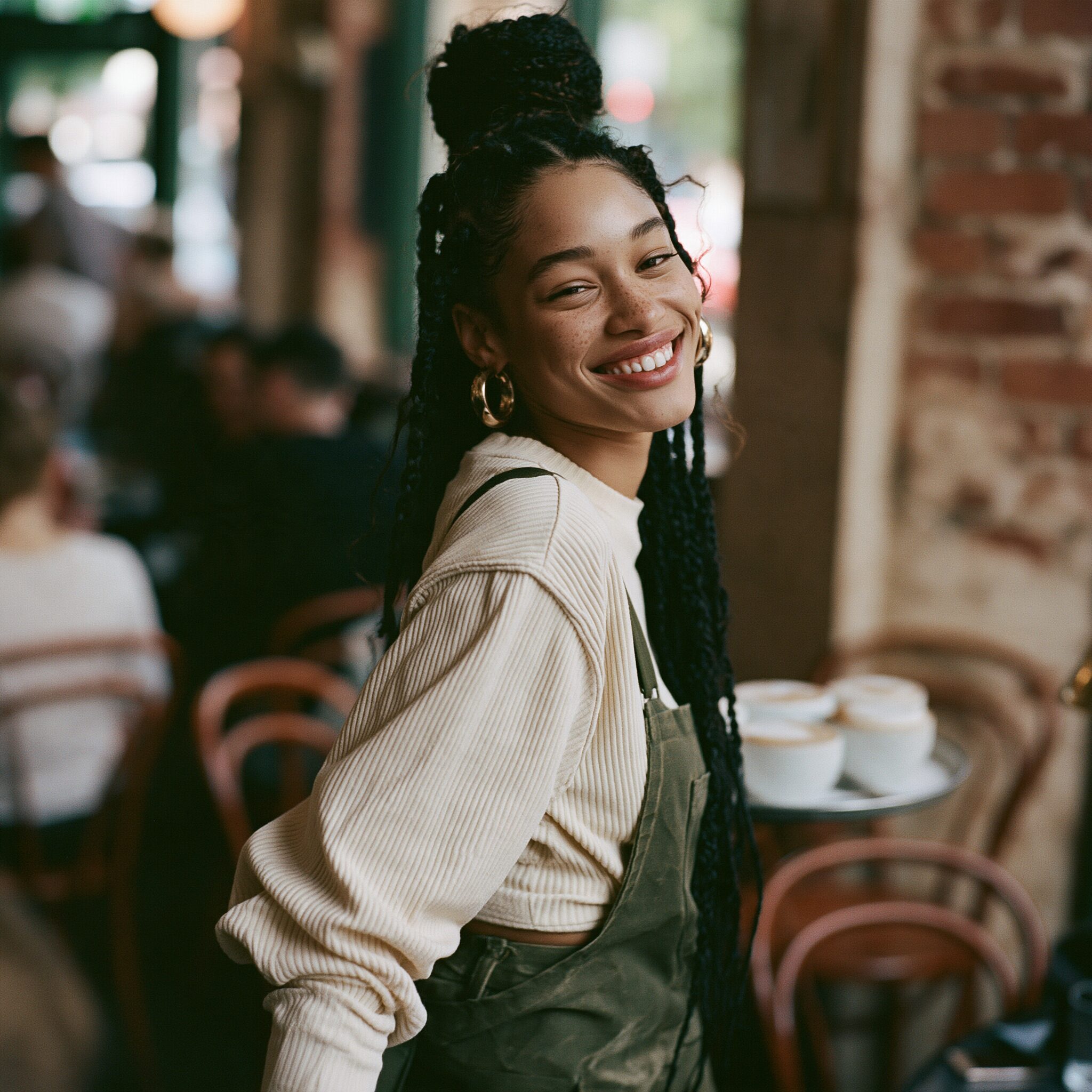Portrait of a Lacework server laughing as she carries a tray of flat whites