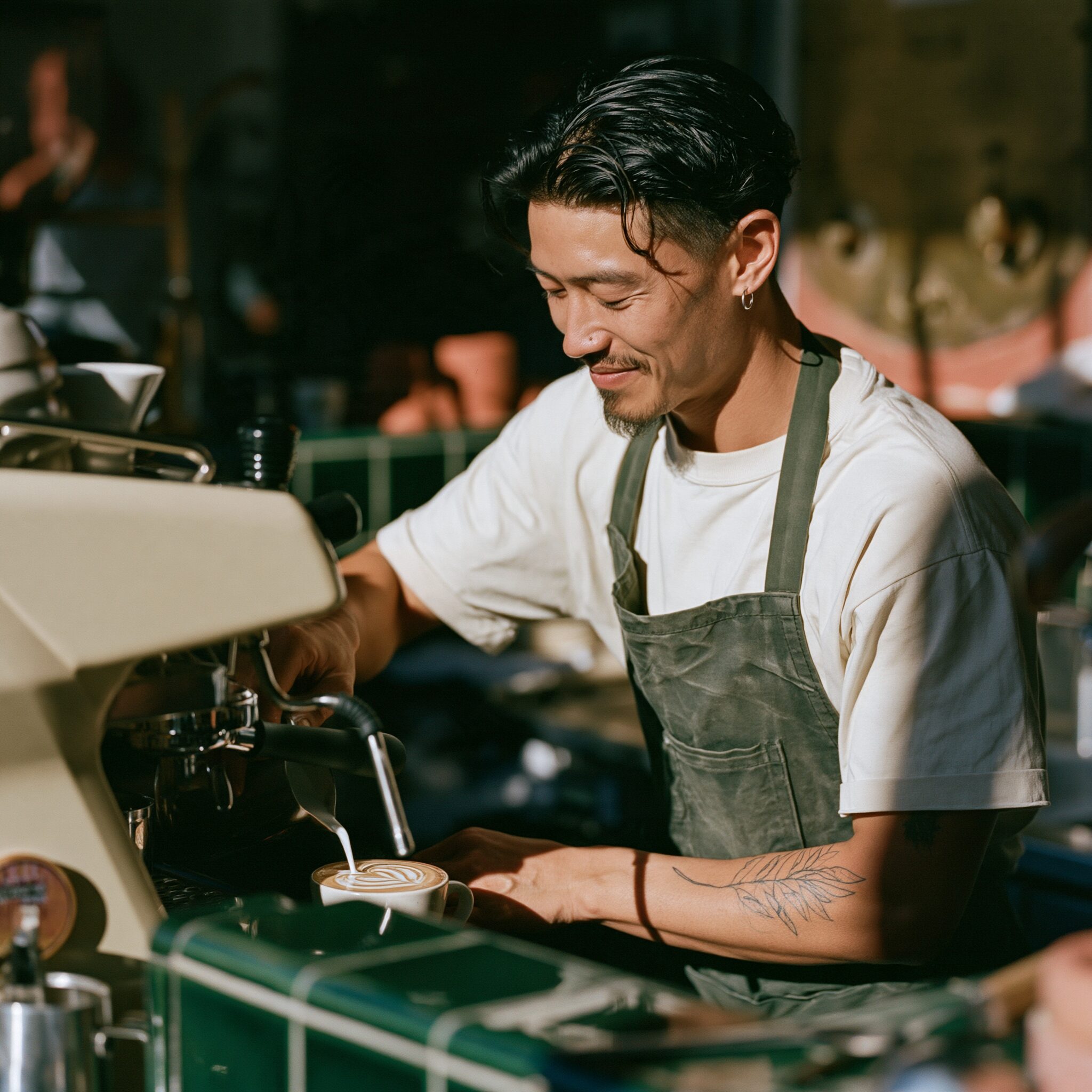 Portrait of the Lacework barista pouring a rosetta at the espresso machine