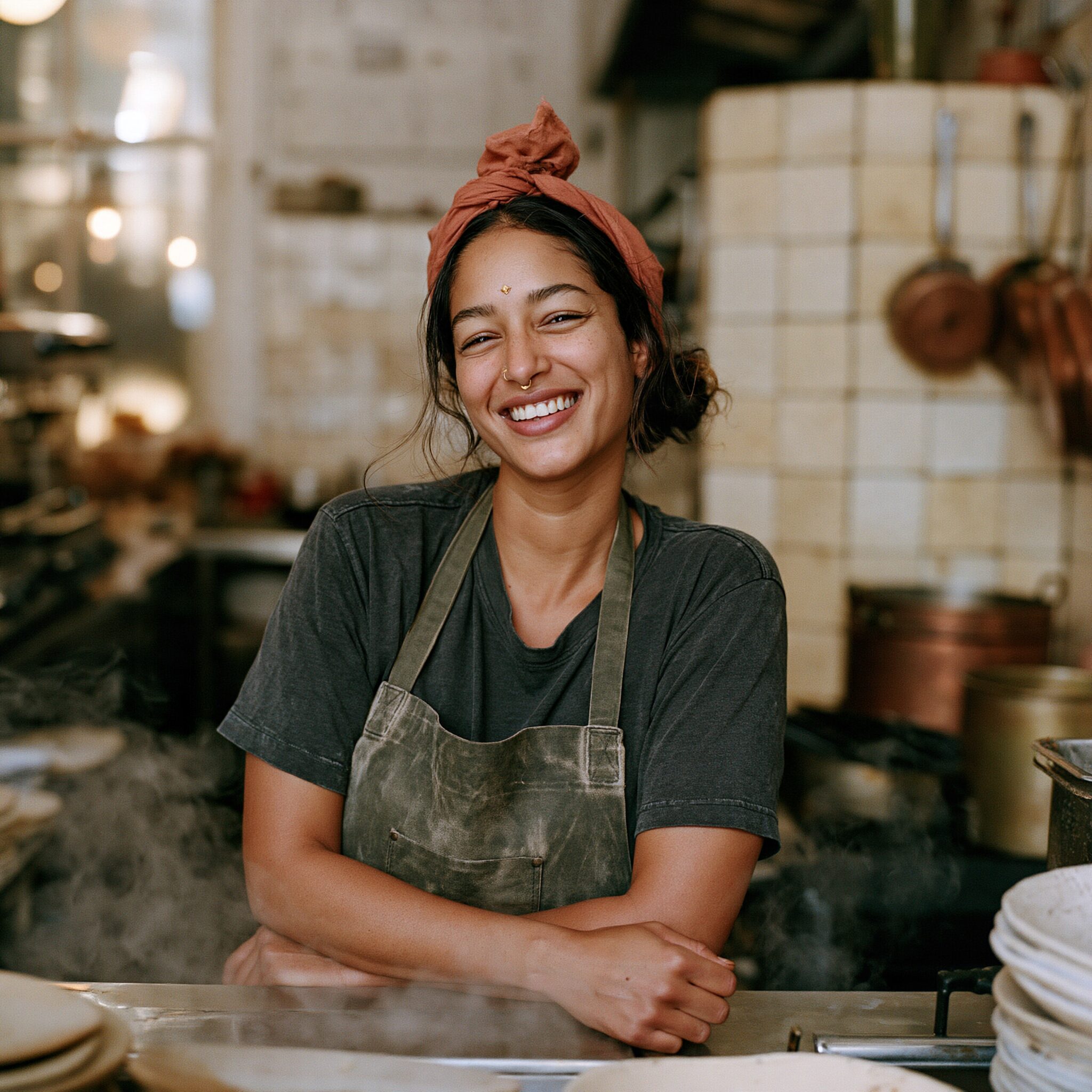 Portrait of the Lacework chef grinning at the kitchen pass