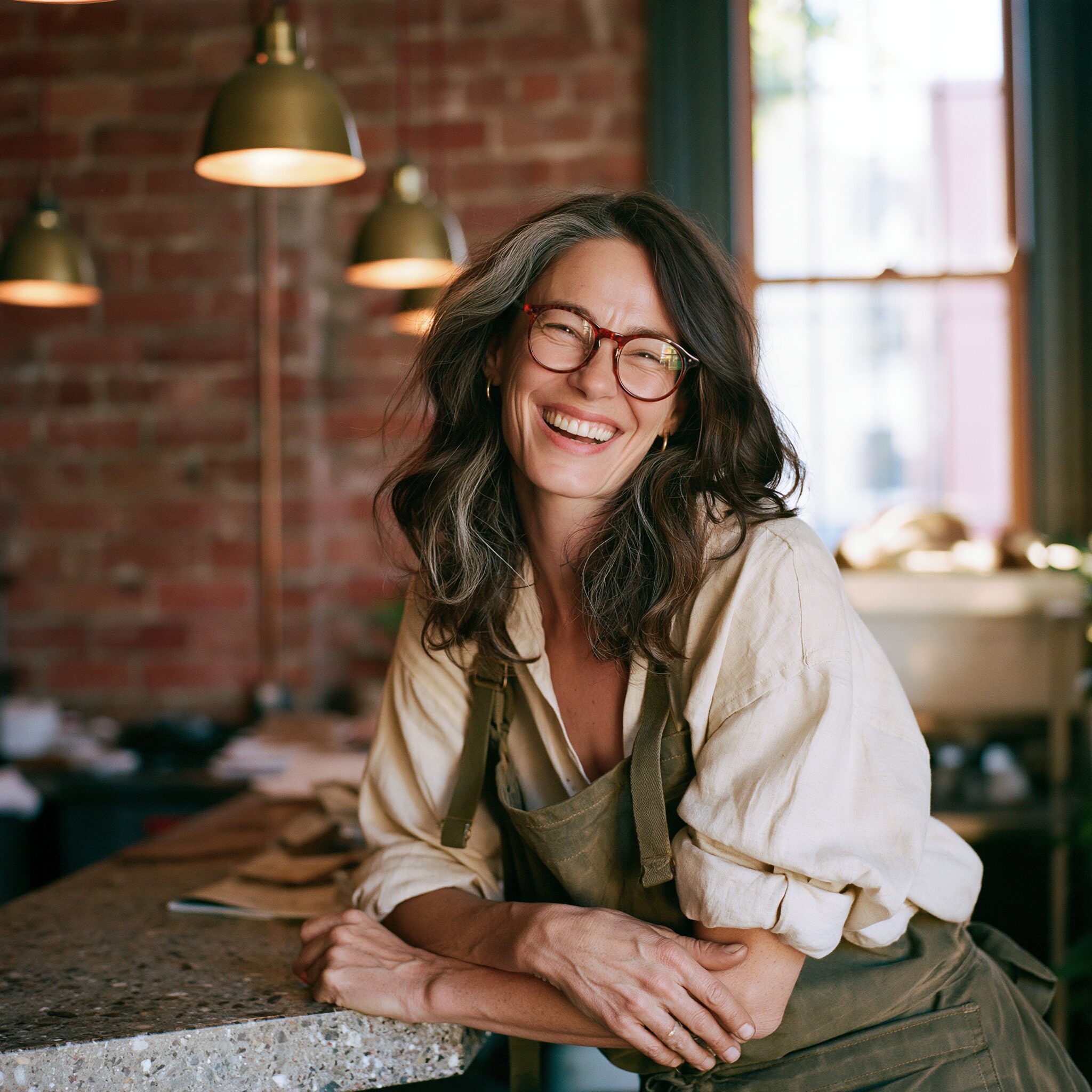 Portrait of Lacework's owner leaning on the terrazzo counter mid-laugh