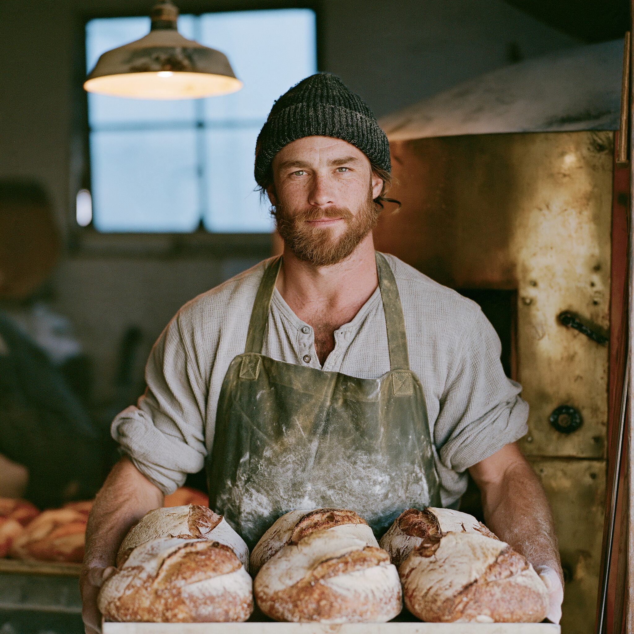 Portrait of the Lacework baker carrying a tray of fresh sourdough loaves