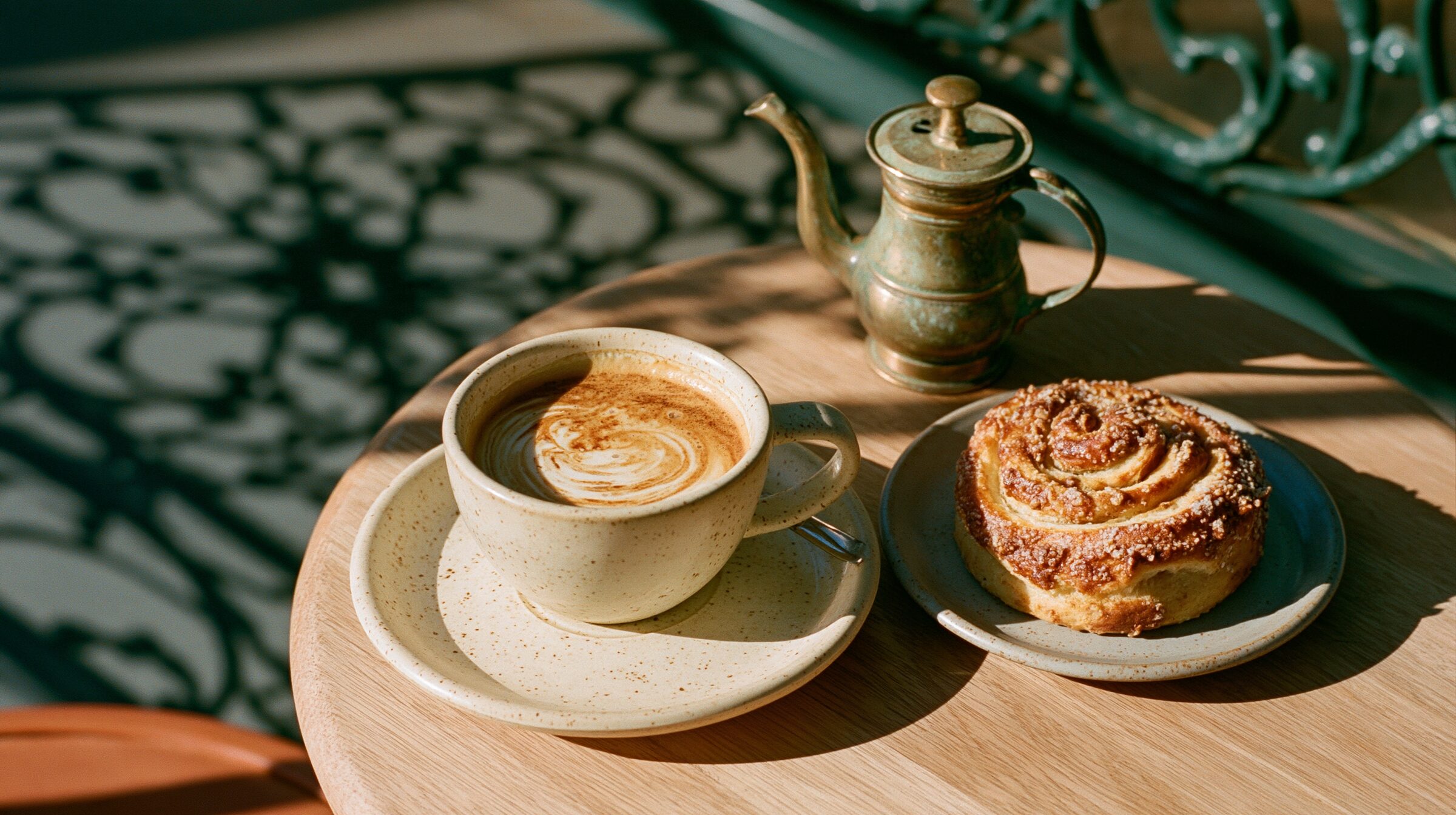 Lace verandah shadows falling across a café table with a flat white and cardamom bun