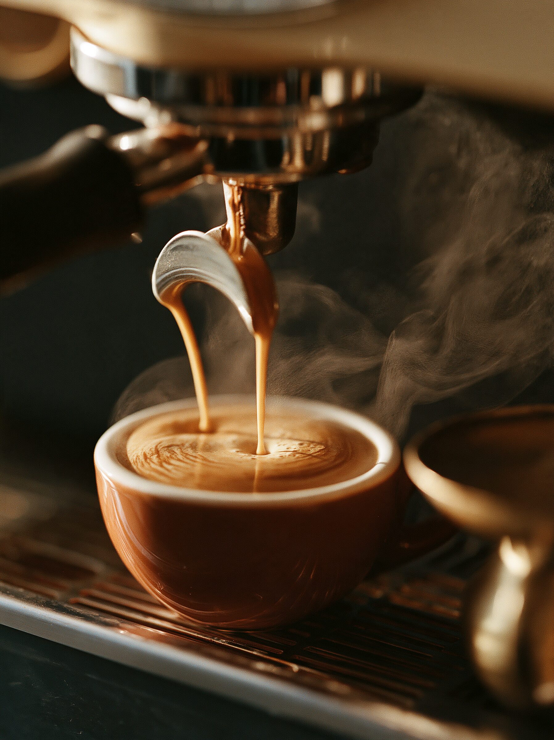 Macro of espresso streaming from a bottomless portafilter into a terracotta cup
