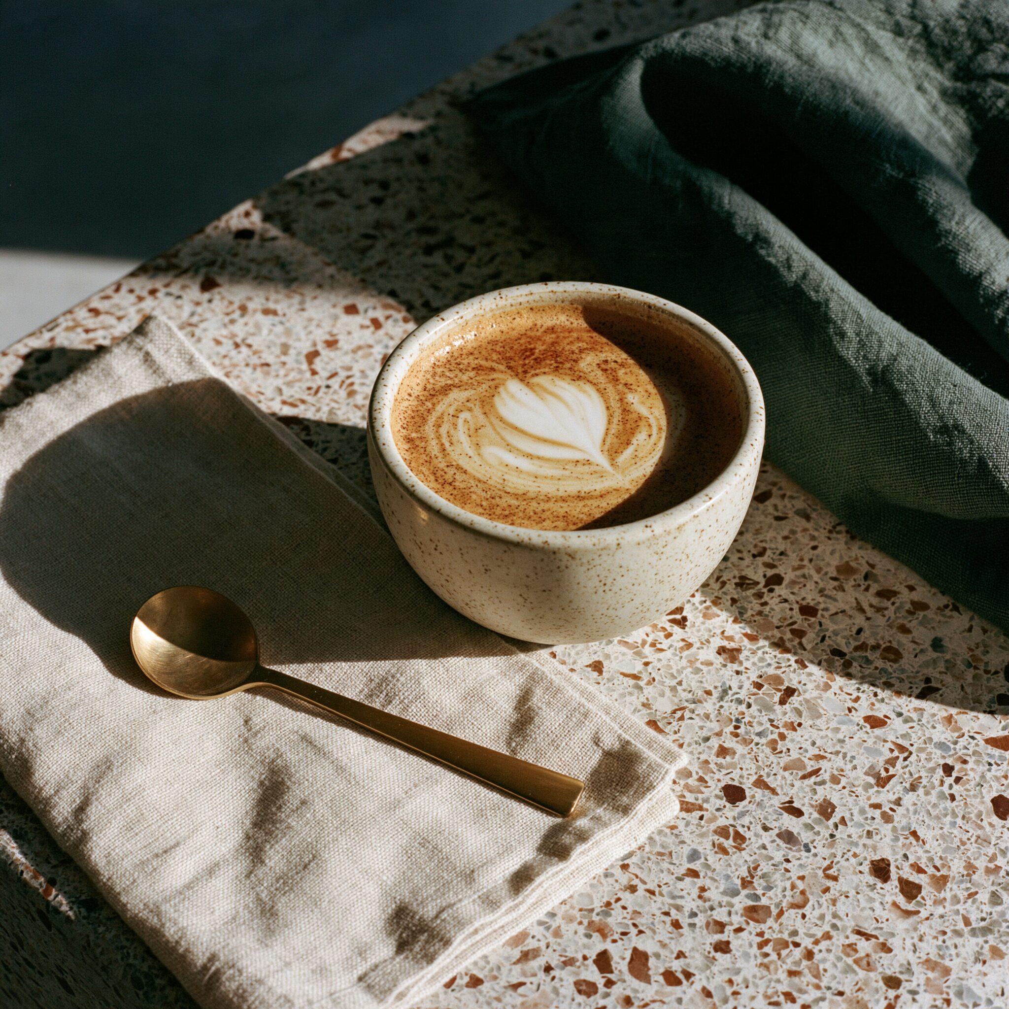 Overhead flat white with a rosetta in a speckled stoneware cup on terrazzo