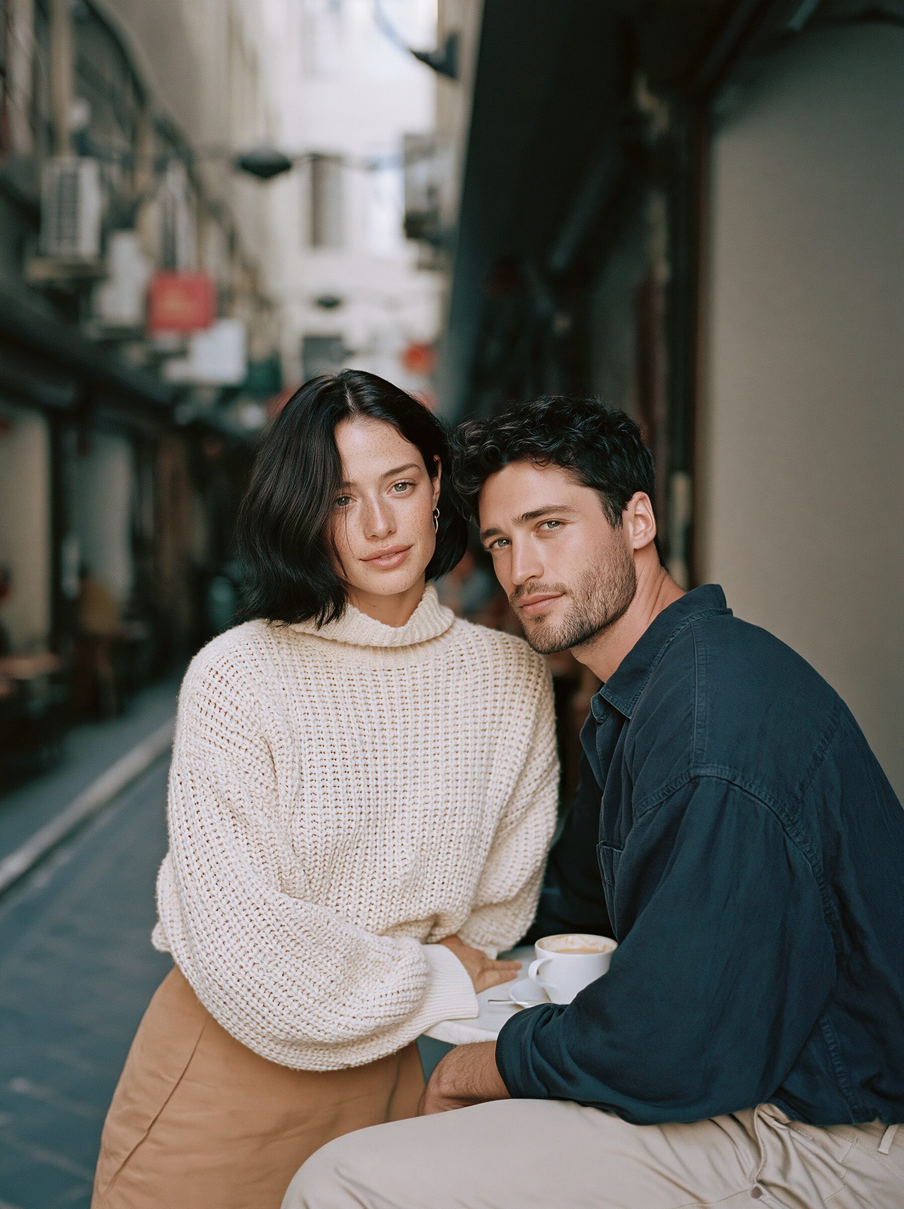 Couple sharing flat whites at a tiny café table in Degraves Street laneway