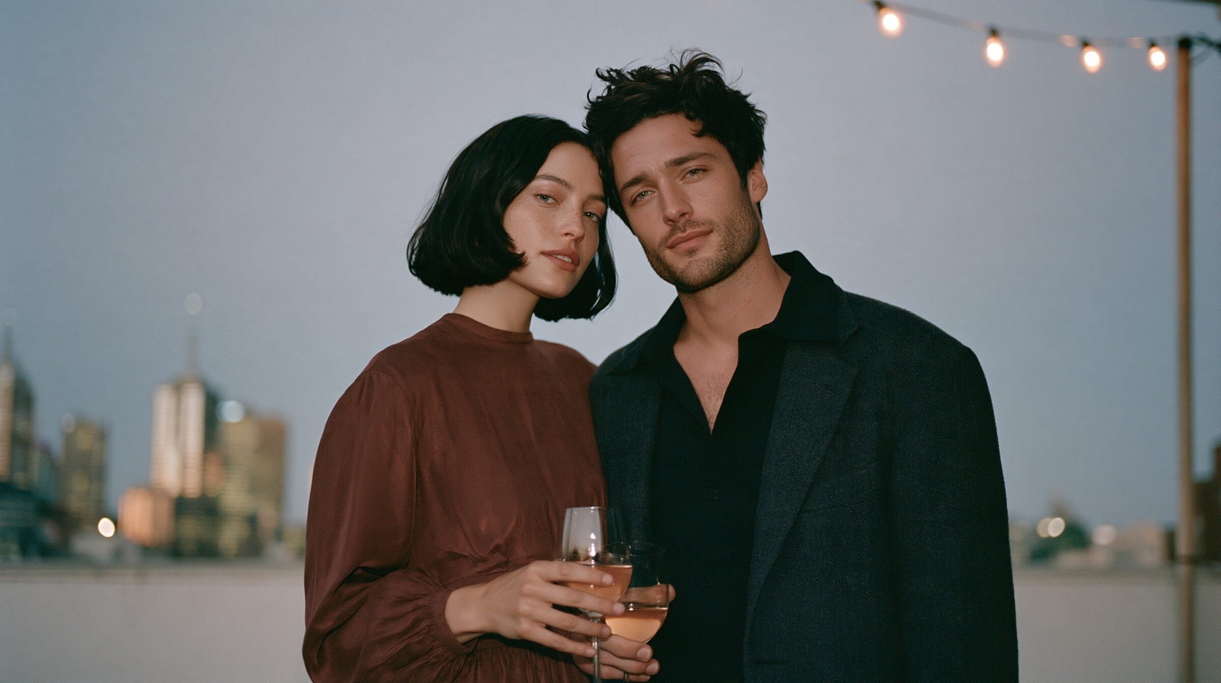 Couple toasting with glasses of wine at a rooftop bar