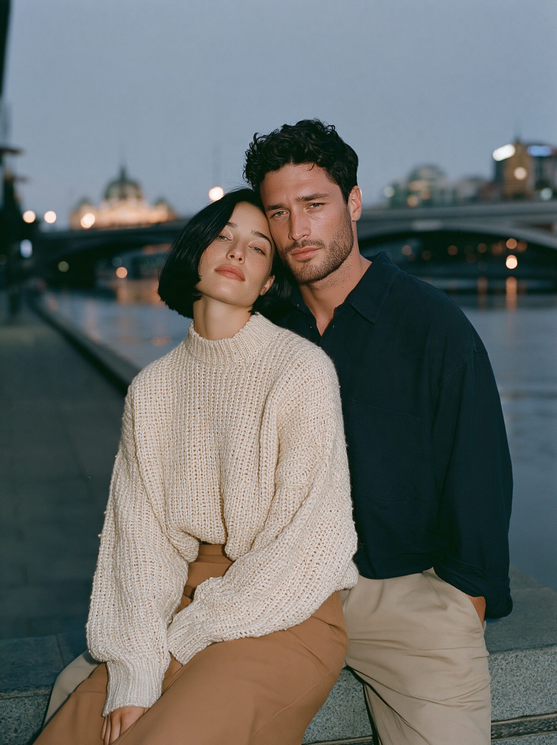 Couple sitting close on the stone steps of the Yarra River promenade at dusk