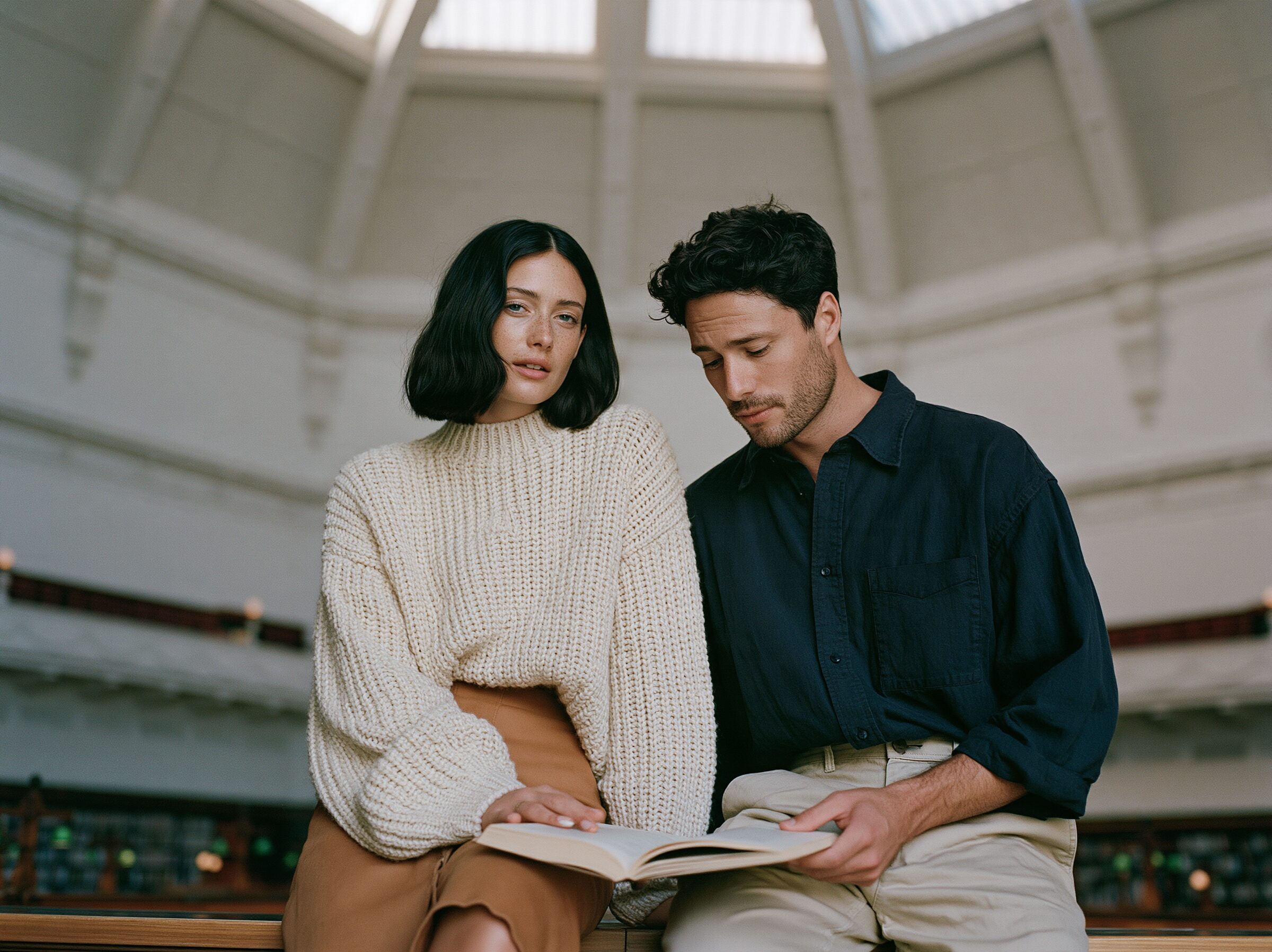 Couple sitting side by side at a wooden desk in the domed La Trobe Reading Room of State Library Victoria
