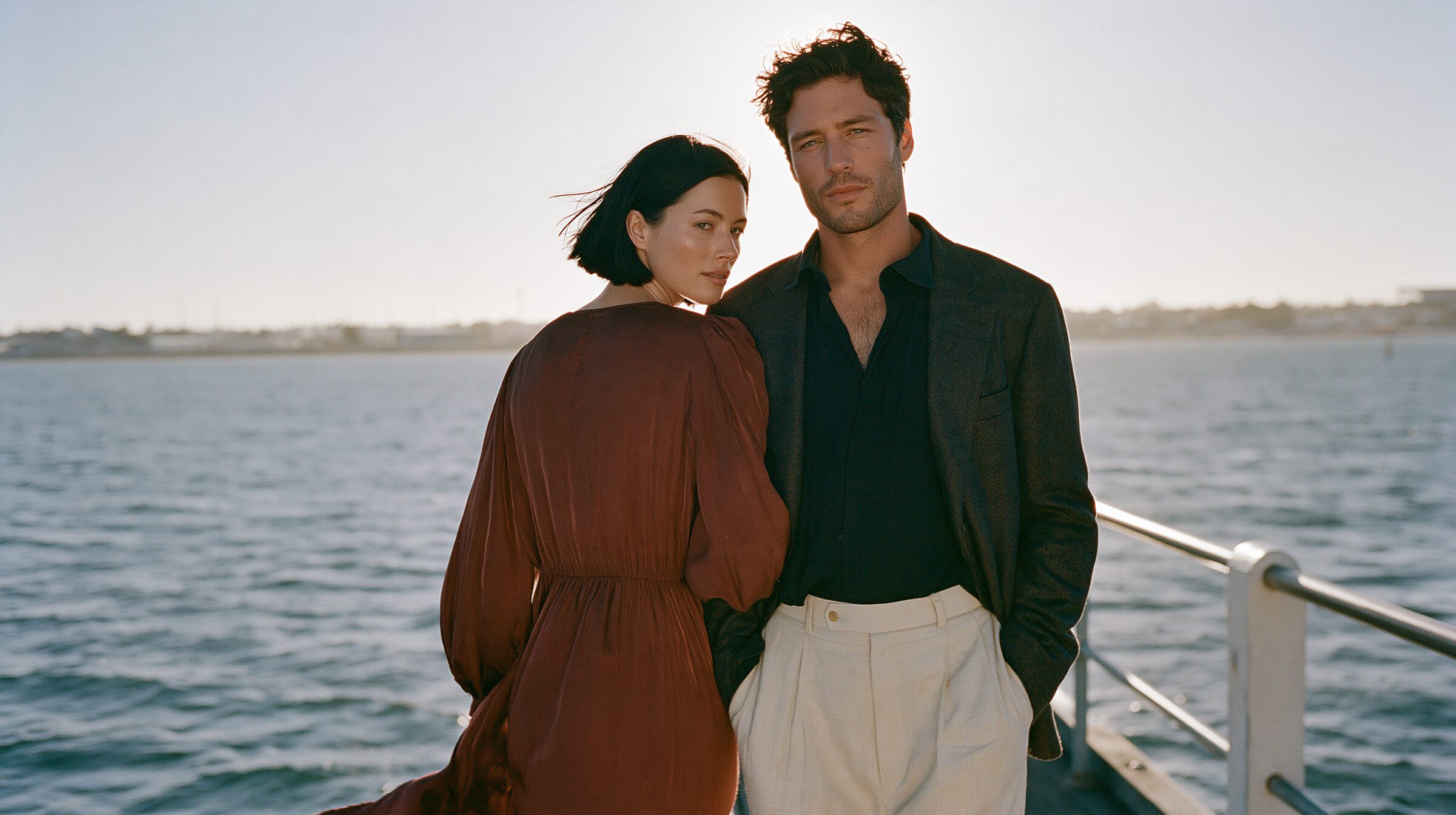 Couple walking arm in arm along St Kilda Pier at golden hour